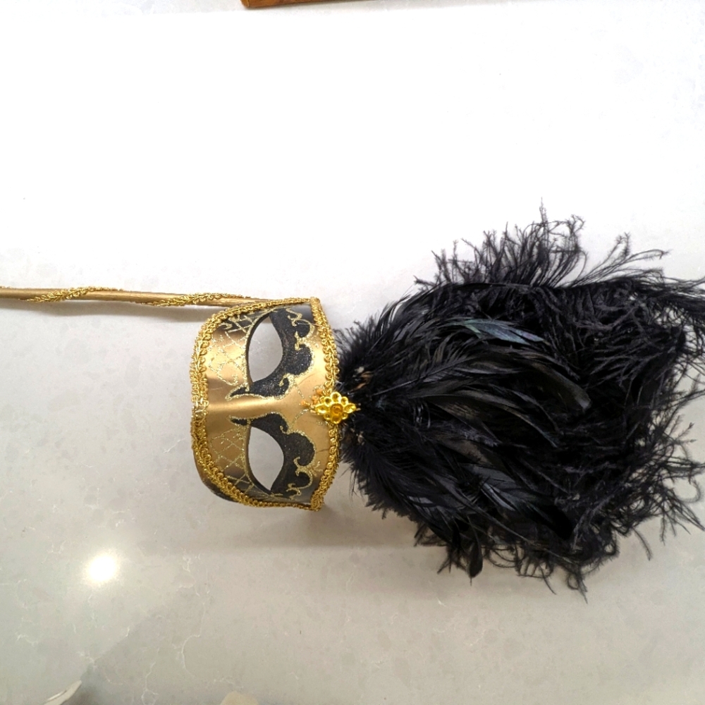 Black Feather Masquerade Mask Handheld Stick with Gold Mask